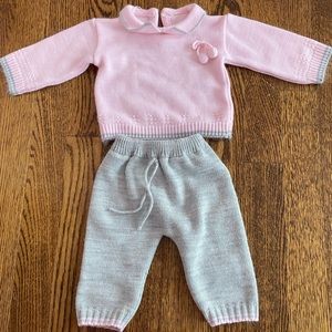 Pink and Gray Baby Knit Outfit with Pom Poms
